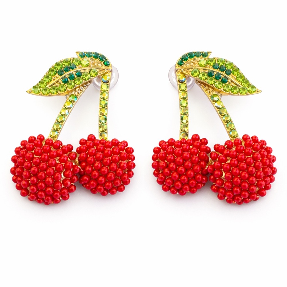 Cherry Rhinestone Statement Red Beaded‎ Fruit Drop Earrings Gold Tone